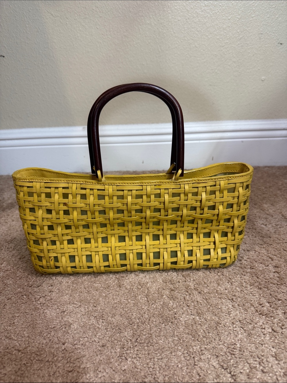 Yellow Woven Tote Bag with Brown Handles